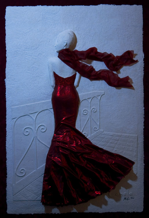 Myrna Canela - Artwork: Medium: Cast Paper Paverpol Mixed-Media Title: Lady In Red